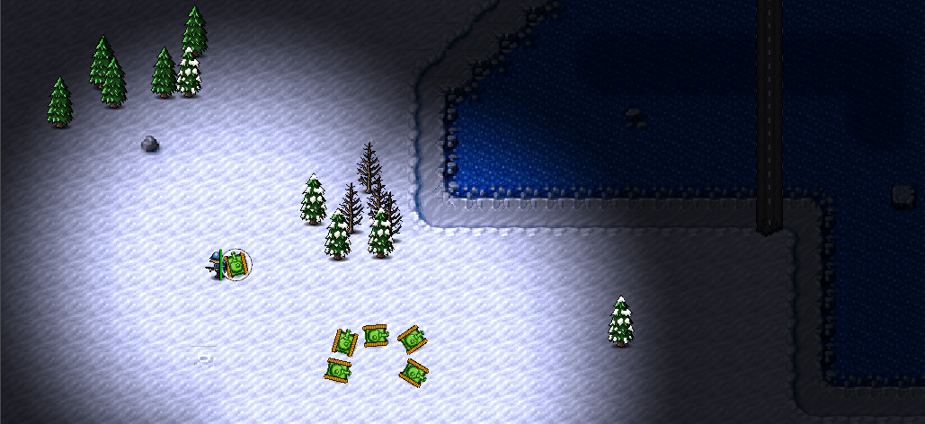 Screenshot of my real-time strategy game engine featuring fog of war and several units.