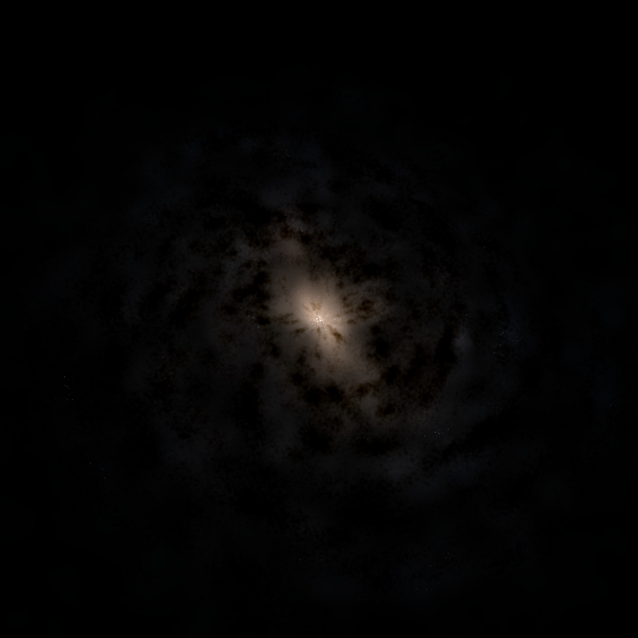 Top view. With so few billboards along the line of sight the galaxy almost disappears; the volume still shows the disk and its dust lanes. Volume at 800 resolution.