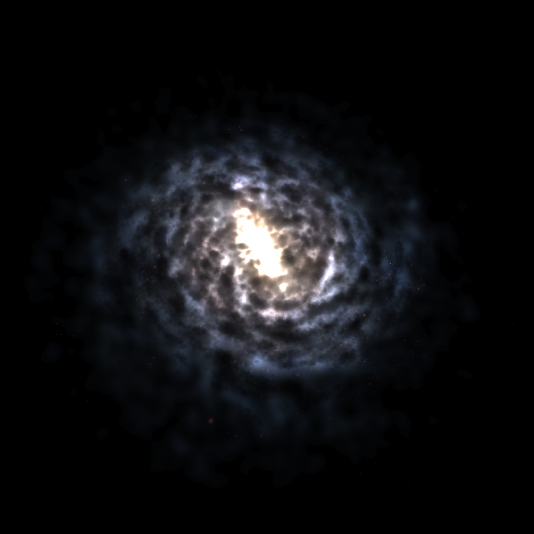Top view. With so few billboards along the line of sight the galaxy almost disappears; the volume still shows the disk and its dust lanes. Volume at 800 resolution.