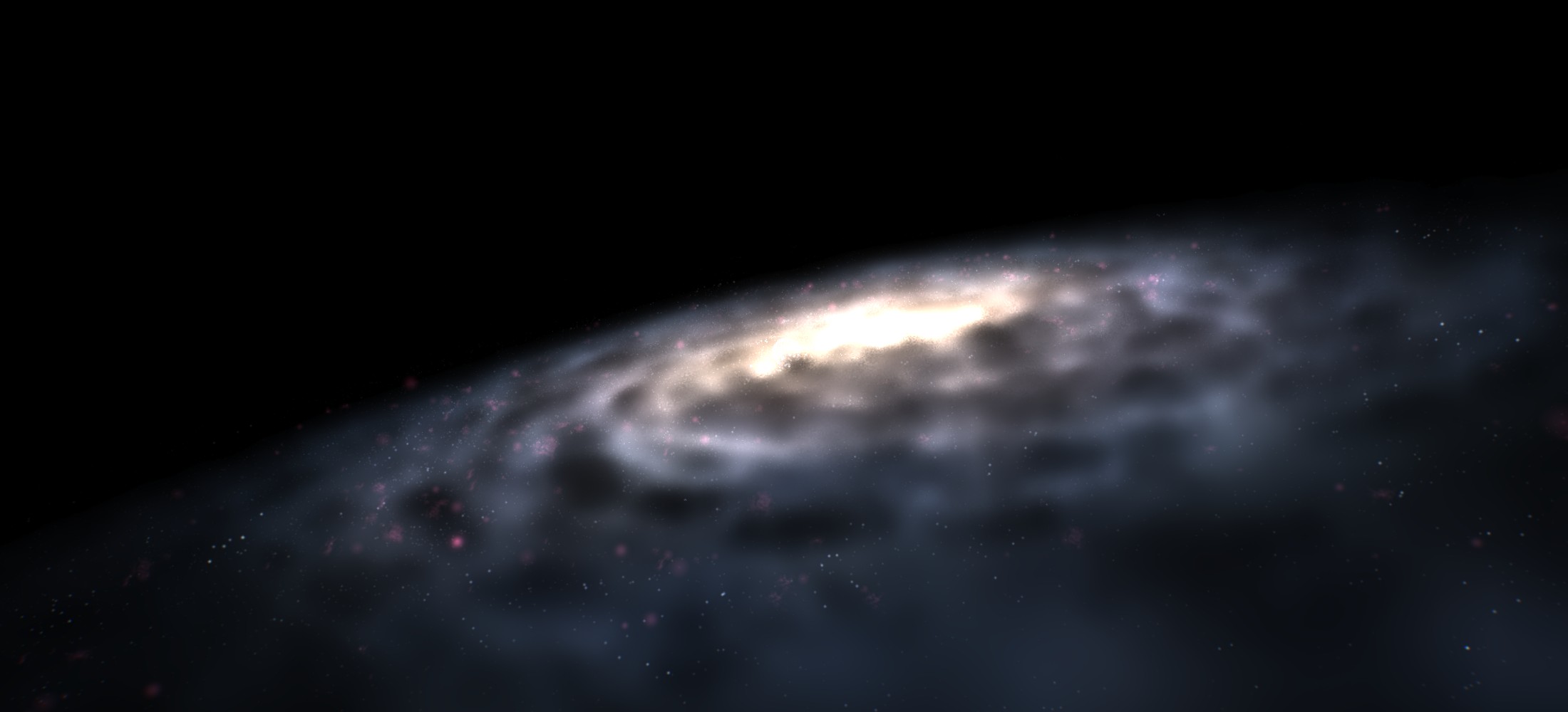 The low preset versus the ultra preset, from inside the disk, looking at the galactic center. Low uses the 200 galaxy resolution and 50 iterations. Ultra uses the 800 galaxy resolution and 110 iterations.